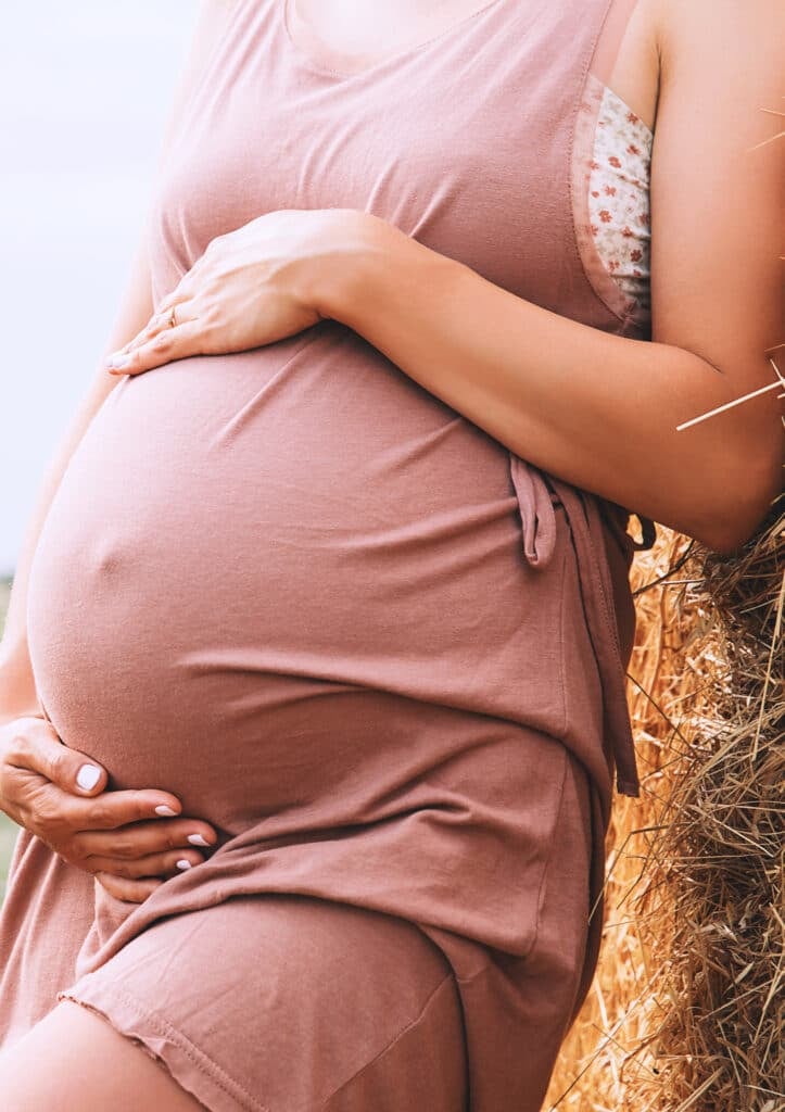 Photo,Of,Pregnant,Belly,In,Nature.,Pregnant,Woman,In,Dress